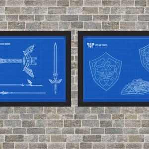 May include: Two framed blueprints on a brick wall. The left frame shows a blueprint of the Master Sword from The Legend of Zelda video game. The right frame shows a blueprint of the Hylian Shield from The Legend of Zelda video game.