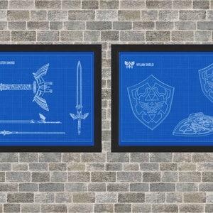 Zelda Schematic Poster Art INSTANT Digital Download Hylian Shield and Master Sword 3 Background Styles 8x10 11x14 16x20 image 1