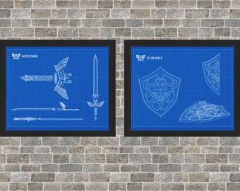 Zelda Schematic Poster Art - INSTANT Digital Download - Hylian Shield and Master Sword -  3 Background Styles - 8x10 - 11x14 - 16x20