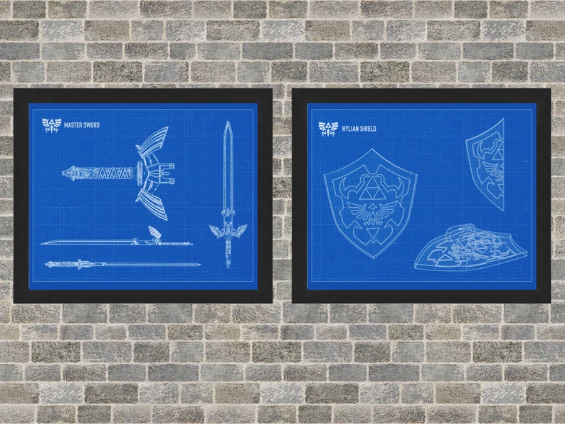 Zelda Schematic Poster Art INSTANT Digital Download Hylian Shield and Master Sword 3 Background Styles 8x10 11x14 16x20 image 1