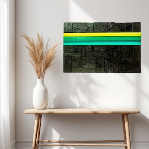 Ashes and Harmony – Abstract Burnt Wood Wall Art, Modern Geometric Relief, Black, Green, Blue & Yellow Handmade Artwork
