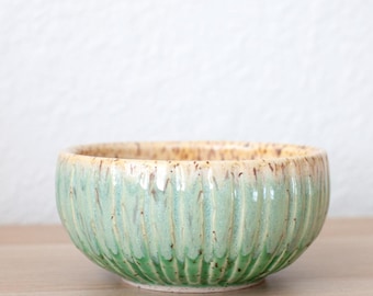 Handmade Ceramic Ribbed Shallow Bowl | Jade Mist on Speckled Clay | 12 fl oz