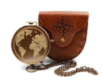 Compass with engraving including leather case personalized gift for travelers and travellers