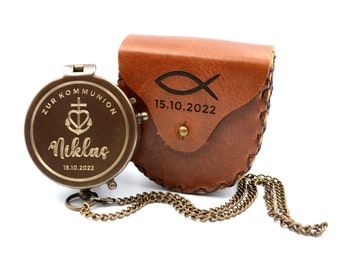 Compass with engraving including leather case personalized gift for confirmation or communion
