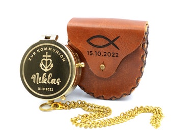 Compass with engraving incl. leather case personalized gift for communion or confirmation