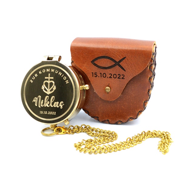 Compass with engraving incl. leather case personalized gift for communion or confirmation
