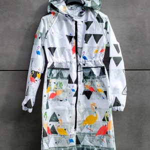 Rain coat with a poach Water resistant Hooded Full Zip Handmade Flamingo Flamingo