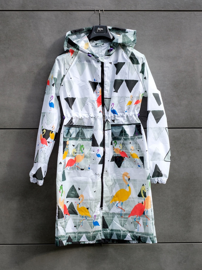 Rain coat with a poach Water resistant Hooded Full Zip Handmade Flamingo Flamingo