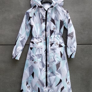 Rain coat with a poach Water resistant Hooded Full Zip Handmade Flamingo Wolf