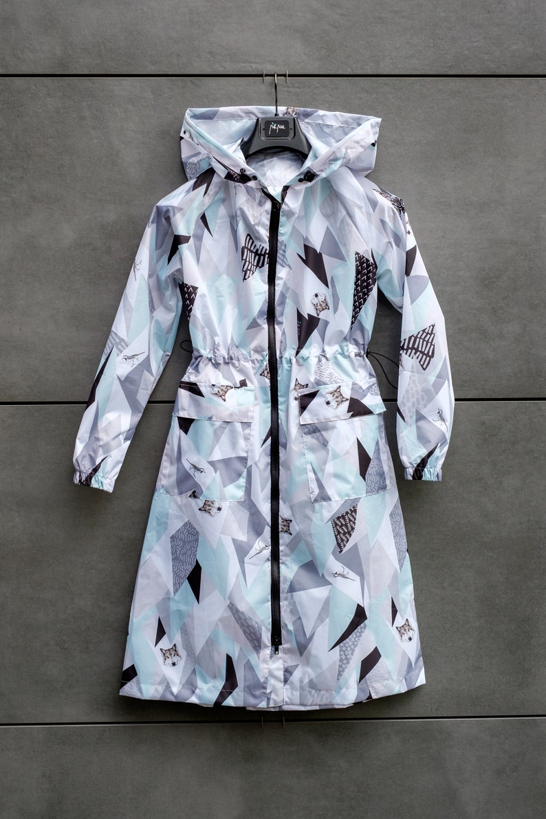 Rain coat with a poach Water resistant Hooded Full Zip Handmade Flamingo Wolf