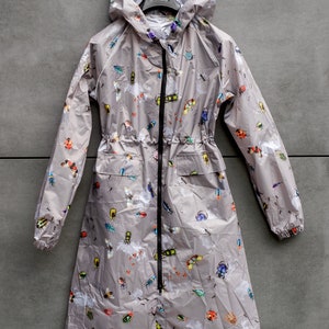 Rain coat with a poach Water resistant Hooded Full Zip Handmade Flamingo Bugs