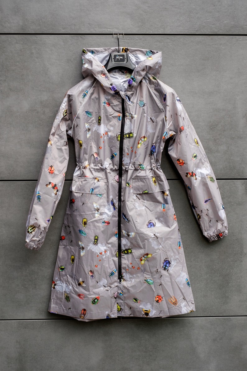 Rain coat with a poach Water resistant Hooded Full Zip Handmade Flamingo Bugs