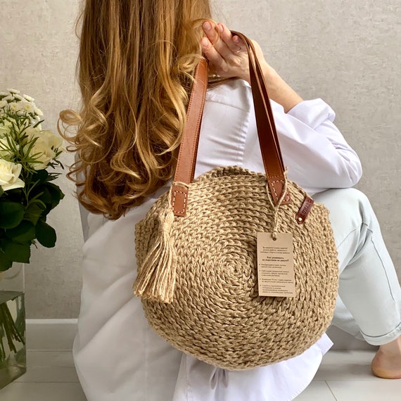 Round Jute Bag Crochet Jute Bag Wicker Jute Bag Crochet | Etsy