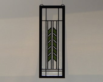 Stained Glass Sun Catcher Panel, Frank Lloyd Wright Inspired in Clear and Green