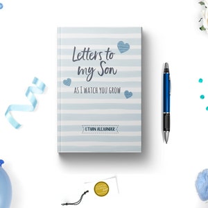 Cartas a mi hijo Diario de tapa dura personalizado con nombre personalizado. Primera mamá primeriza. Idea de regalo de recuerdo para baby shower de niño. Rayado. Cuadrícula de puntos. Azul