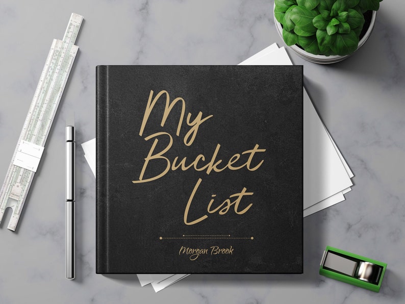 Bucket List Journal with Writing Prompts. Personalized Custom Name. Birthday Retirement Graduation Idea. Male Boss Men Women Black Hardcover