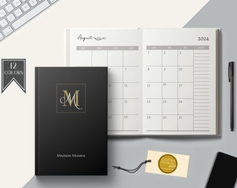 Two Year Monthly Planner Calendar. Personalized Custom Name Monogram Logo. Hardcover 24 Months 2 Years Planning Journal Woman Man Note Pages