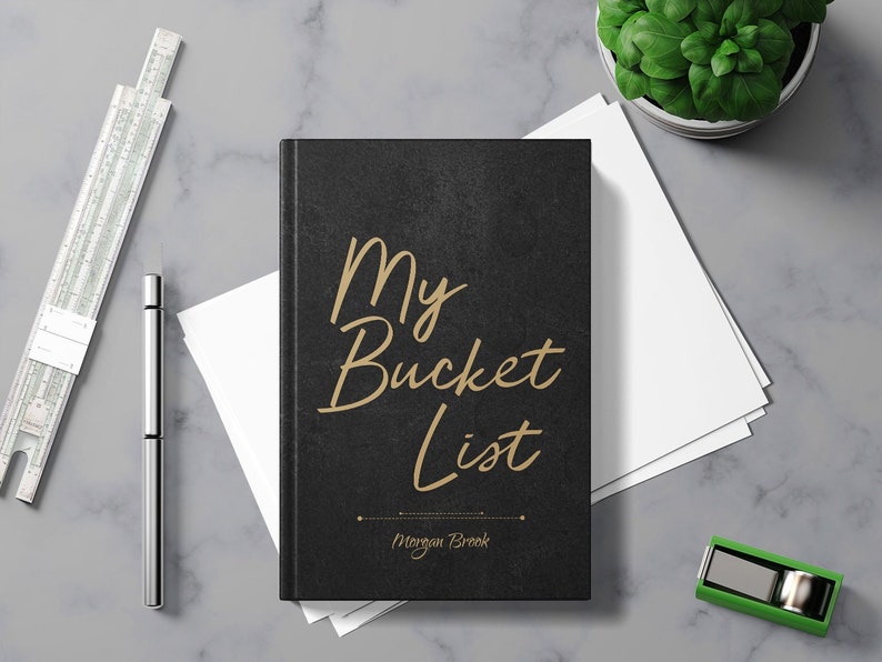 Bucket List Journal with Writing Prompts. Personalized Custom Name. Birthday Retirement Graduation Idea. Male Boss Men Women Black Hardcover