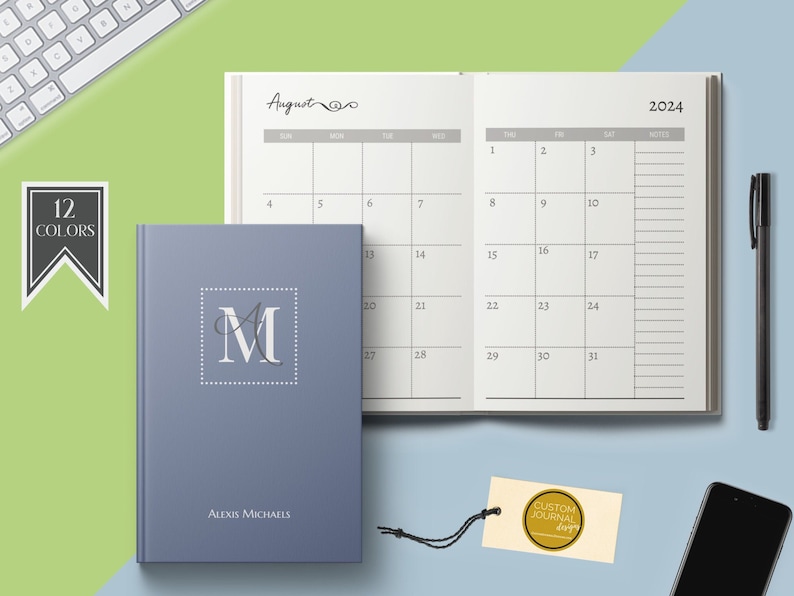 2022-2026 Five Year Monthly Planner Calendar. Personalized Custom Name Monogram Letters. Hardcover 60 Months 5 Year Planning Journal Notes.