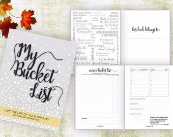 Bucket List Journal. Planner. Writing Prompts. Guided Journal. Bucket List Gift. Bucket List Notebook. Goals. Adventure gifts. Gray Journal.