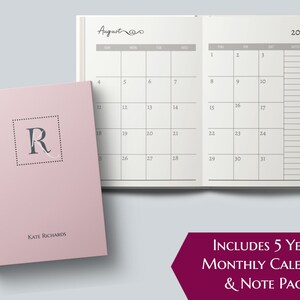2023-2027 Five Year Monthly Planner Calendar. Personalized Custom Name Monogram Letters. 60 Months 5 Year Planning Journal Notes Unique