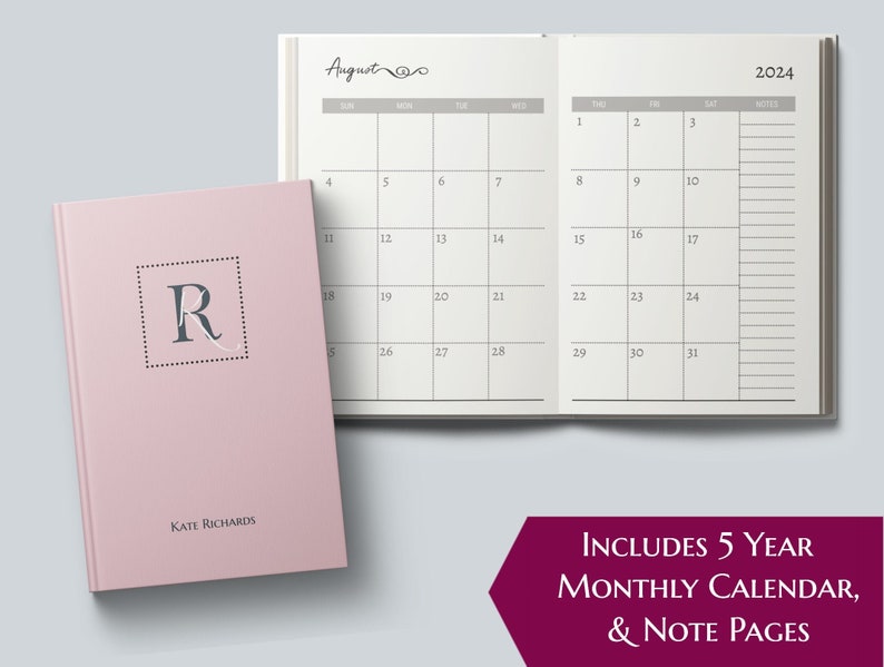 2023-2027 Five Year Monthly Planner Calendar. Personalized Custom Name Monogram Letters. 60 Months 5 Year Planning Journal Notes Unique