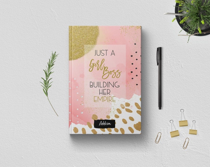 PERSONALIZED Just A Girl Boss Building Her Empire Writing Journal. Custom Name. Women Her Sister Boss Babe Gift Idea. Pink Gold Hardcover