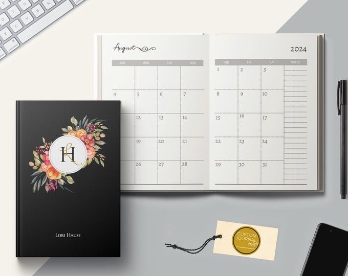 2024-2028 Five Year Monthly Planner Calendar. Personalized Custom Name Monogram Floral. Hardcover 60 Months 5 Year Planning Journal Woman