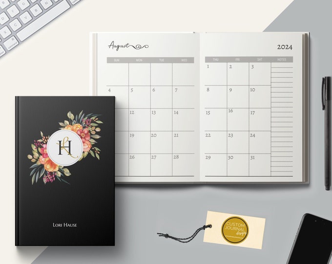 2025-2029 Five Year Monthly Planner Calendar. Personalized Custom Name Monogram Floral. Hardcover 60 Months 5 Year Planning Journal Woman