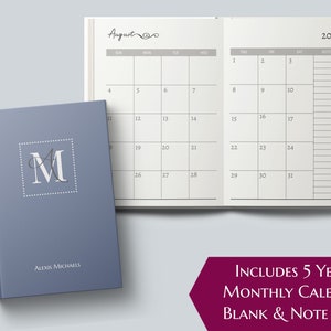 2022-2026 Five Year Monthly Planner Calendar. Personalized Custom Name Monogram Letters. Hardcover 60 Months 5 Year Planning Journal Notes.