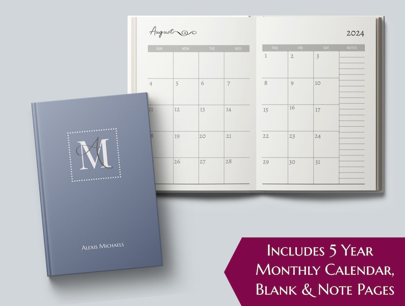 2022-2026 Five Year Monthly Planner Calendar. Personalized Custom Name Monogram Letters. Hardcover 60 Months 5 Year Planning Journal Notes.
