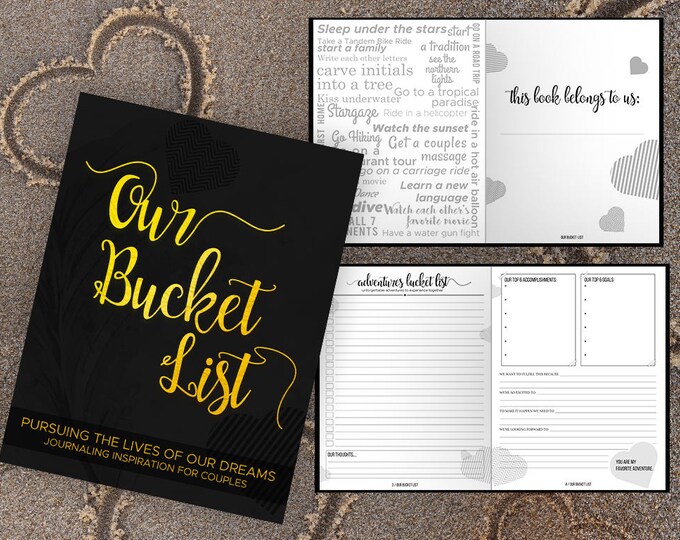 Bucket List for Couples Journal Book. Writing Prompts. Wedding Anniversary Bridal Shower Engagement Retirement Gift. Black Gold Journal