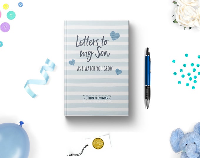 Letters to My Son Personalized Custom Name Hardcover Journal. New First Mom To Be. Boy Baby Shower Keepsake Gift Idea. Lined. Dot Grid. Blue