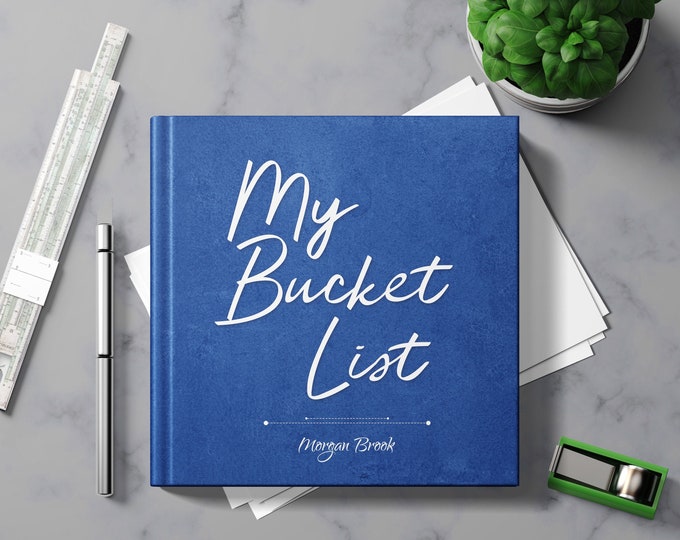 Bucket List Journal with Writing Prompts. Personalized Custom Name. Birthday Retirement Graduation Idea. Male Boss Men Women Blue Hardcover