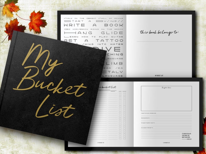 Bucket List Journal with Writing Prompts. Personalized Custom Name. Birthday Retirement Graduation Idea. Male Boss Men Women Black Hardcover