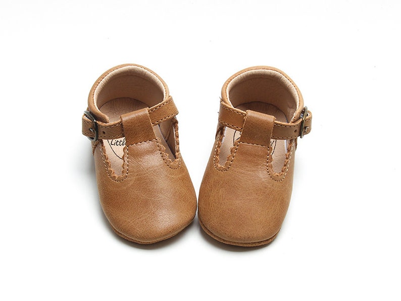 NEW Dark Tan Tbar Baby Shoe Soft Soled Shoe Waxed Leather Baby Mary Jane Baby Girl Shoe image 8