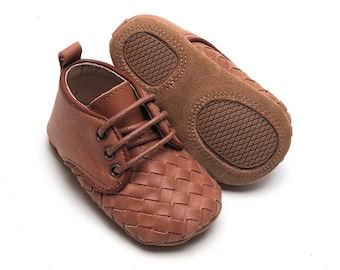 Chestnut Woven Oxfords | Non Slip | Soft Sole | Baby Oxford | Lace Up | Baby Boy | Baby Girl | Waxed Leather