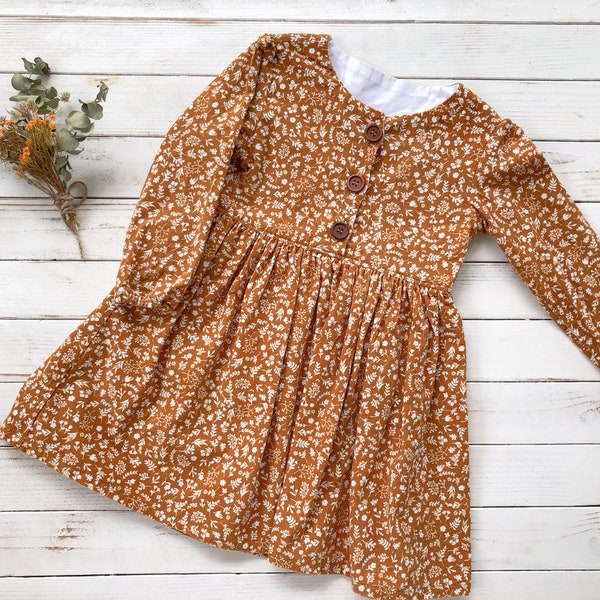Mustard Corduroy Front Button Dress | Girls Button Dress | Corduroy | Floral Dress | Toddler Dress | Button Front Dress | Long Sleeve Dress