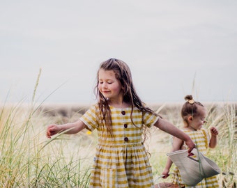 Mustard Gingham Dress | Girls Button Front Dress | Kids Linen | Pocket Dress | Toddler Pocket Dress