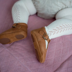 NEW Dark Tan Tbar Baby Shoe Soft Soled Shoe Waxed Leather Baby Mary Jane Baby Girl Shoe image 4