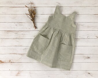 Sage Stripe Tunic | Pocket Dress | Girls Stripe Dress | Scoop Back | Handmade Girls Dress