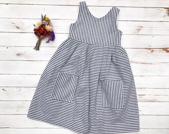 Navy Stripe Tunic | Pocket Dress | Girls Stripe Dress | Scoop Back | Handmade Girls Dress