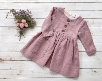 Blush Button Front Dress | Linen Dress | Kids Linen Dress | Blush Linen Dress | Toddler Pocket Dress | Button Front Dress | Longsleeve Dress