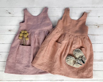 Linen Pocket Dress | Various Colours | Scoop Back | Button Dress | Girls Handmade Dress