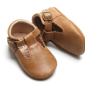 NEW Dark Tan Tbar Baby Shoe Soft Soled Shoe Waxed Leather Baby Mary Jane Baby Girl Shoe image 1