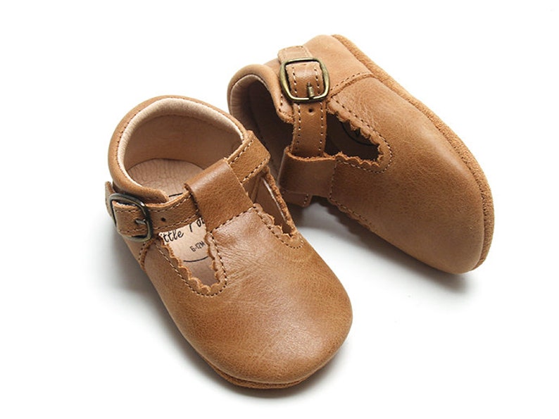 NEW Dark Tan Tbar Baby Shoe Soft Soled Shoe Waxed Leather Baby Mary Jane Baby Girl Shoe image 1