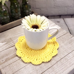 May include: A white ceramic mug with a yellow crochet coaster. A white flower with a yellow center is inside the mug.