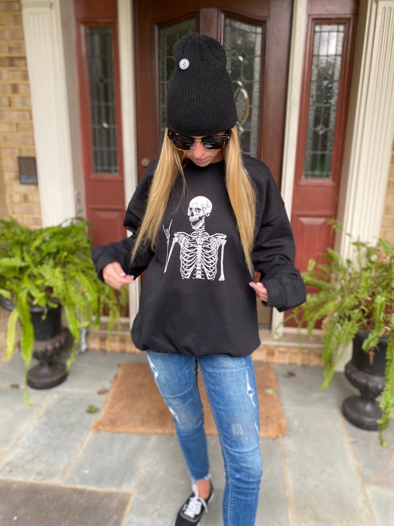 Skeleton Sweatshirt, Halloween Sweatshirt, Oversized Crewneck, Fall Outfit, Rock On Skeleton, Halloween Outfit, Halloween Hoodie