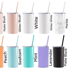 May include: Ten stainless steel tumblers with various colors and finishes, including matte blush, glitter blush, white, glitter white, marble, peach, seafoam, mint, lavender, and matte black. Each tumbler has a lid and a straw.