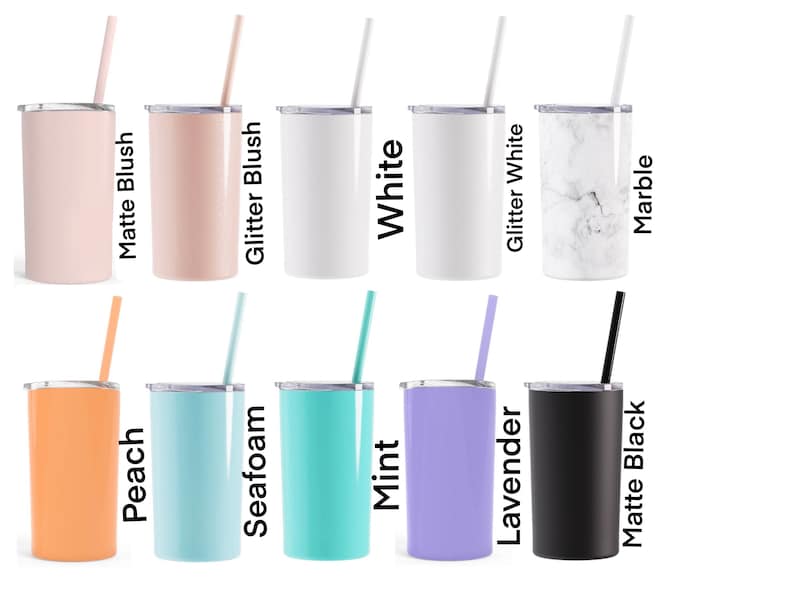 May include: Ten stainless steel tumblers with various colors and finishes, including matte blush, glitter blush, white, glitter white, marble, peach, seafoam, mint, lavender, and matte black. Each tumbler has a lid and a straw.
